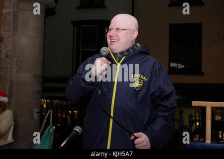 Hay Festival Winter Weekend - November 2017 - Comedian and actor Matt Lucas in Hay on Wye town centre to turn on the Christmas lights before talking at the Hay Festival about his new autobiography Little Me -  Credit: Steven May/Alamy Live News Stock Photo