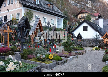 HALLSTATT, NOV. 24: Catholic cemetery in the village of  Hallstatt on Lake Hallstatt's western shore in Austria's mountainous Salzkammergut region  taken in Hallstatt, Austria on Nov. 24, 2017. Stock Photo