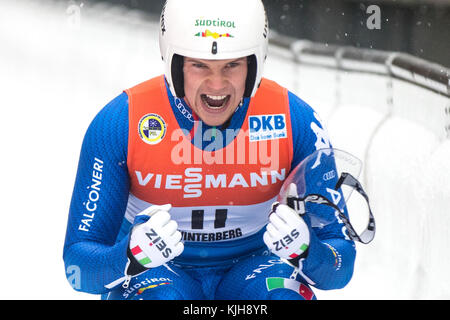 Winterberg, Germany. 25th Nov, 2017. Kevin Fischnaller from Italy celebrates coming in first at the Men's Singles event of the IBSF World Cup in Winterberg, Germany, 25 November 2017. Credit: Marcel Kusch/dpa/Alamy Live News Stock Photo