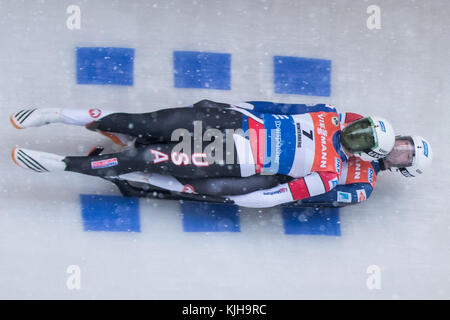 Winterberg, Germany. 25th Nov, 2017. Justin Garret Krewson (L) and Andrew Sherk from the USA in action at the Men's Doubles event of the Luge World Cup in Winterberg, Germany, 25 November 2017. Credit: Marcel Kusch/dpa/Alamy Live News Stock Photo