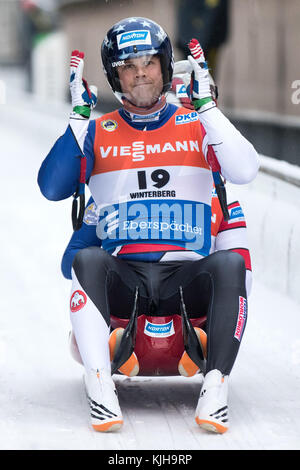 Winterberg, Germany. 25th Nov, 2017. Jayson Terdiman (front) and Matt Mortensen from the USA in action at the Men's Doubles event of the Luge World Cup in Winterberg, Germany, 25 November 2017. Credit: Marcel Kusch/dpa/Alamy Live News Stock Photo