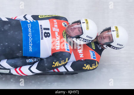 Winterberg, Germany. 25th Nov, 2017. Peter Penz (L) and Georg Fischler from Austria in action at the Men's Doubles event of the Luge World Cup in Winterberg, Germany, 25 November 2017. Credit: Marcel Kusch/dpa/Alamy Live News Stock Photo