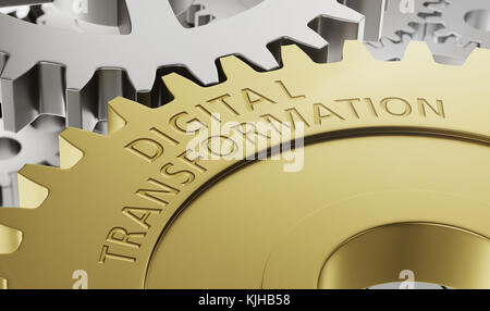 Metal gear wheels with the engraving Digital Transformation - 3d rendering Stock Photo