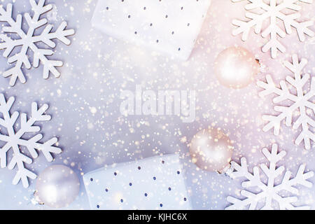 White Christmas New Year Frame Banner Background Snow Flakes Baubles Gift Boxes Colorful Confetti Glitter Lights Greeting Card Poster Template Copy Sp Stock Photo