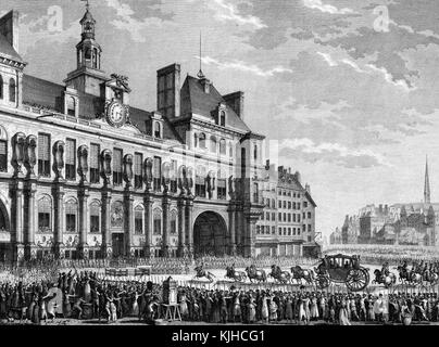 An etching from a painting of King Louis XVI arriving at Hotel de Ville, the military was present to control a large crowd that had gathered during the French Revolution, the king was travelling to city hall to celebrate the election of Jean Sylvain Bailly as the mayor of Paris and the accomplishments of Gilbert du Motier, Marquis de Lafayette, Paris, France, 1829. From the New York Public Library. Stock Photo