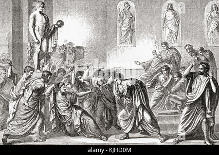 The murder of Julius Caesar, 44 BC.  Gaius Julius Caesar, 100 - 44 BC, aka Julius Caesar. Roman politician and general.  From Ward and Lock's Illustrated History of the World, published c.1882.