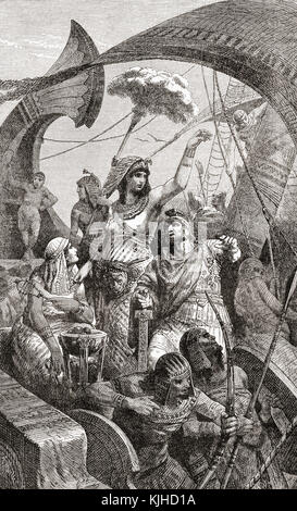 Cleopatra at the Battle of Actium, Ionian Sea, Greece, 2 September 31 BC. A decisive confrontation of the Final War of the Roman Republic.  Cleopatra VII Philopator, 69 – 30 BC, aka Cleopatra.  Last active ruler of the Ptolemaic Kingdom of Egypt.  From Ward and Lock's Illustrated History of the World, published c.1882.