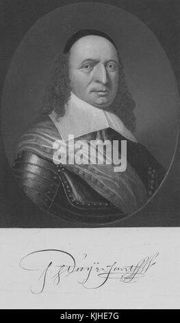 Engraved portrait of Peter Stuyvesant, the last Dutch Director General of the colony of New Netherland from 1647 until it was ceded provisionally to the English in 1664, after which it was renamed New York, his accomplishments included a great expansion for the settlement of New Amsterdam beyond the southern tip of Manhattan, among the projects built by Stuyvesant's administration were the protective wall on Wall Street, the canal that became Broad Street, and Broadway, his signature copied at the bottom, New York, 1800. From the New York Public Library. Stock Photo