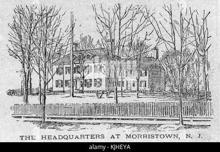 An image depicting the Ford Mansion, during the American Revolutionary War it served as the headquarters of General George Washington between December 1779 and June 1780, it's location allowed Washington to have access to the Continental Congress in Philadelphia and to monitor the British as their army capitol was in Manhattan, the home is currently owned by the National Park Service, Morristown, New Jersey, 1800. From the New York Public Library. Stock Photo