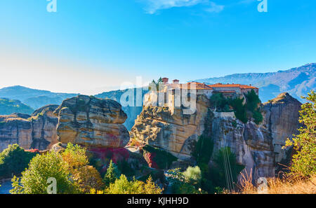 The Varlaam monastery on the top of rock in Meteora in the morning, Greece Stock Photo