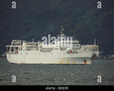 USNS Zeus (T-ARC-7), a Zeus-class cable laying and repair vessel operated by the US Navy, off Gourock on an inbound journey to the Faslane naval base. Stock Photo