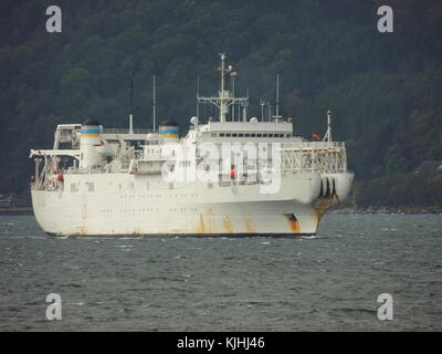 USNS Zeus (T-ARC-7), a Zeus-class cable laying and repair vessel operated by the US Navy, off Gourock on an inbound journey to the Faslane naval base. Stock Photo