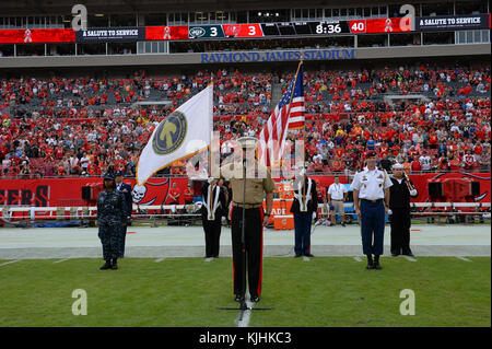 Marine Lt. Gen. Joseph Osterman, deputy commander of U.S. Special Operations Command, delivers the oath of enlistment to new military recruits during the Tampa Bay Buccaneers Salute to Service game in Tampa, Fla., Nov. 15, 2017. The game provided the NFL and fans a forum to honor service members, veterans and their families. (Photo by U.S. Air Force Master Sgt. Barry Loo) Stock Photo