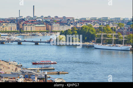 Cityscape with Skeppsholmen island and af Chapman sailing ship (now youth hostel), and in the background Ostermalm, Stockholm, Sweden, Scandinavia Stock Photo