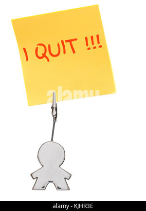 Yellow sticker, paper note isolated on white, held by busines card holder figure, business concept, man holding sign I quit Stock Photo