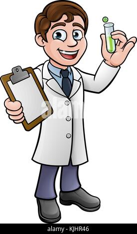 Cartoon Scientist Holding Test Tube and Clipboard Stock Vector