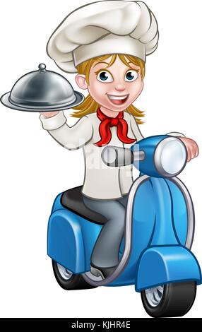 Cartoon Woman Delivery Scooter Chef Stock Vector