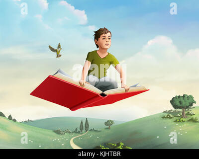 Children flying on an open book through a rural landscape. Digital illustration. Stock Photo