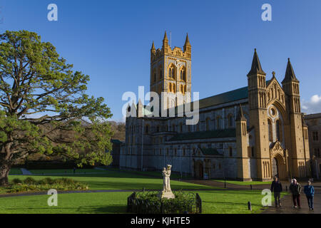 A view of the Church of St. Mary, Buckfast Abbey, Buckfastleigh, Devon, England UK, from with in the gardens. Stock Photo