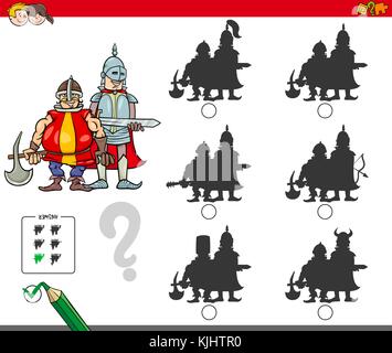 Cartoon Illustration of Finding the Shadow without Differences Educational Activity for Children with Medieval Knights Characters Stock Vector
