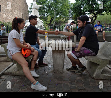 Cordoba, Argentina - 2017: Men shake hands after a chess match Stock Photo