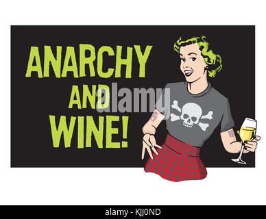 Anarchy and Wine Punk Rock Housewife Vector Design Retro housewife illustration wearing punk rock clothes and drinking wine. Stock Vector