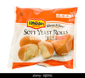 Winneconne, WI - 23 November 2017:  A bag of Rhodes soft yeast rolls on an on an isolated background. Stock Photo