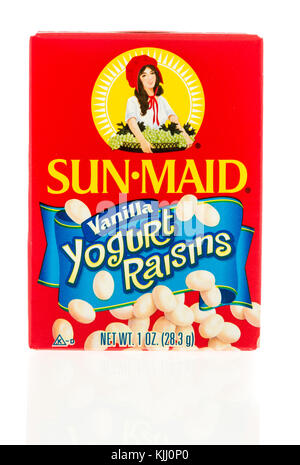 Winneconne, WI - 23 November 2017:  A box of Sun Maid vanilla yogurt raisins on an on an isolated background. Stock Photo