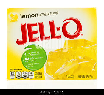 Winneconne, WI - 23 November 2017:  A box of Jello in lemon flavor with a new box box design on an on an isolated background. Stock Photo