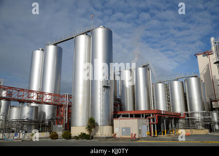 HOKITIKA, NEW ZEALAND, 27 JUNE, 2016: Storage silos await deliveries of raw milk at the Westland Milk Products factory in Hokitika, New Zealand. Stock Photo