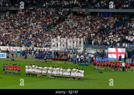 Rugby match at the Stade de France. Anthems. France. Stock Photo