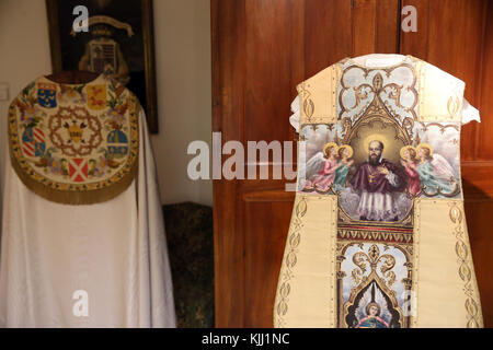 The museum of the Visitation. Liturgical cloth. Chasuble embroidered by the Visitandines. St Francis de Sales.  France. Stock Photo