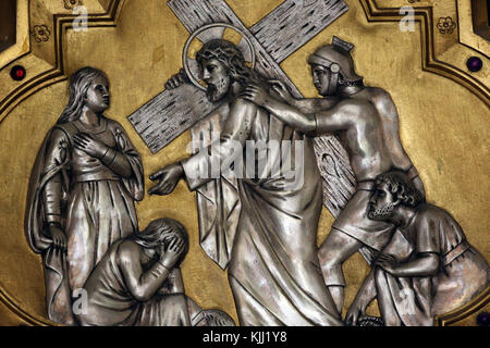 Saint Fargeau church. Passion of Jesus Christ. Way of the cross. Station 8.  France. Stock Photo