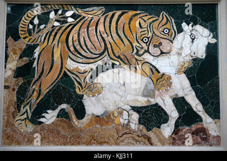 Capitoline museum, Rome. Panel in opus sectile with tiger assaulting a calf. Mosaic / Intarsia. First half of 4th century AD. Coloured marbles Italy. Stock Photo