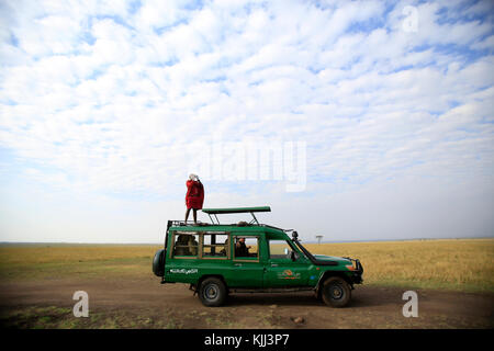 Masai Guide looks for game through binoculars on top of his Toyota Land Cruiser. Masai Guide looks for game on top of his Toyota Land Cruiser. Masai M Stock Photo