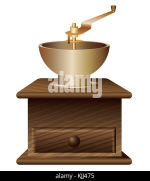 Traditional antique coffee grinder made of wood and bronze. Procurement for advertising or selling coffee. White background Stock Vector