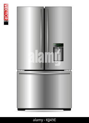 Large double-wing refrigerator with metal coating, display and freezer. Suitable for illustrating kitchens, products or home appliances. Front view. Stock Vector