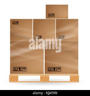 Cardboard boxes with cargo stacked on a wooden pallet. Euro pallets. Warehouse with goods Stock Vector