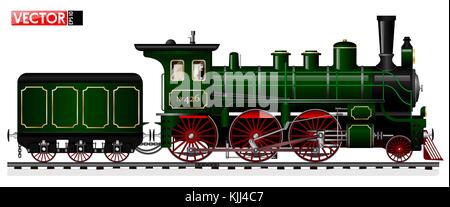 An old locomotive of green color with a steam engine and a tender. Side view. Traced details and mechanisms Stock Vector