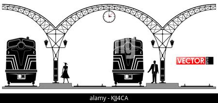 An ancient arched metal building of the railway station. People and locomotives on the platform. Black profile. Stock Vector