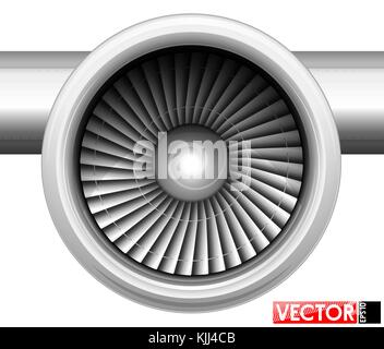 Turbines of an aircraft engine in a gondola. Front view of the compressor. Air inlet. Traced engine parts and part of the wing. Stock Vector