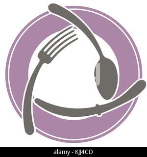 Abstract logo of a cafe or restaurant. A spoon, a fork and a knife lie on a plate. A simple outline. Stock Vector