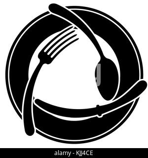 Abstract logo of a cafe or restaurant. A spoon, a fork and a knife lie on a plate. A simple outline. Stock Vector