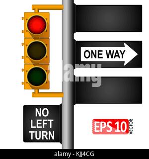 Yellow classic traffic light on a pole in the USA. Road signs. Regulation of traffic. Stock Vector