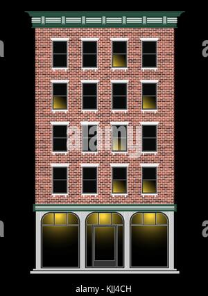 A classic American brick multi-storey house at night. Business center of the city. Expensive real estate. Stock Vector