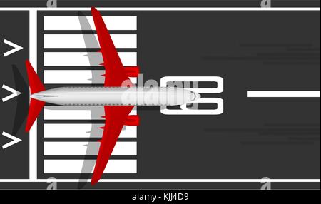 A modern jet passenger white plane with red wings on the runway. View from above. A well-designed image with a mass of small details. Airport marking. Stock Vector