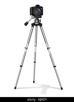 SLR camera on a tripod. Metal construction. Take a photo, movie or video. Stock Vector