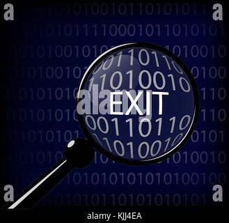 Finding and finding the right information. View the code of the program. Magnifying glass and the result in it. A computer screen filled with program bits. Stock Vector