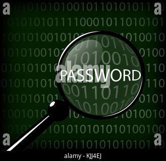 Finding and finding the right information. View the code of the program. Magnifying glass and the result in it. A computer screen filled with program bits. Stock Vector