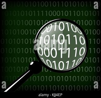 Finding and finding the right information. View the code of the program. Magnifying glass and the result in it. A computer screen filled with program bits. Stock Vector